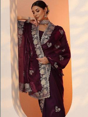 burgundy embroidered organza saree with unstitched blouse piece 2