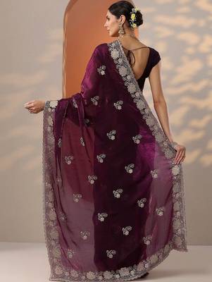 burgundy embroidered organza saree with unstitched blouse piece 3