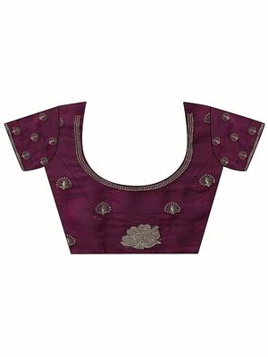 burgundy embroidered organza saree with unstitched blouse piece 4