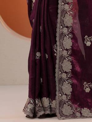 burgundy embroidered organza saree with unstitched blouse piece 5