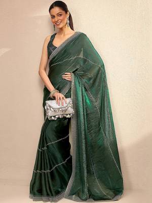green embellished saree with unstitched blouse piece 1