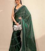 green embellished saree with unstitched blouse piece