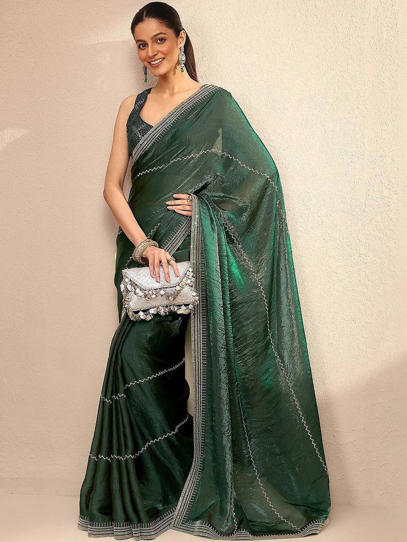 green embellished saree with unstitched blouse piece