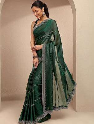 green embellished saree with unstitched blouse piece 4