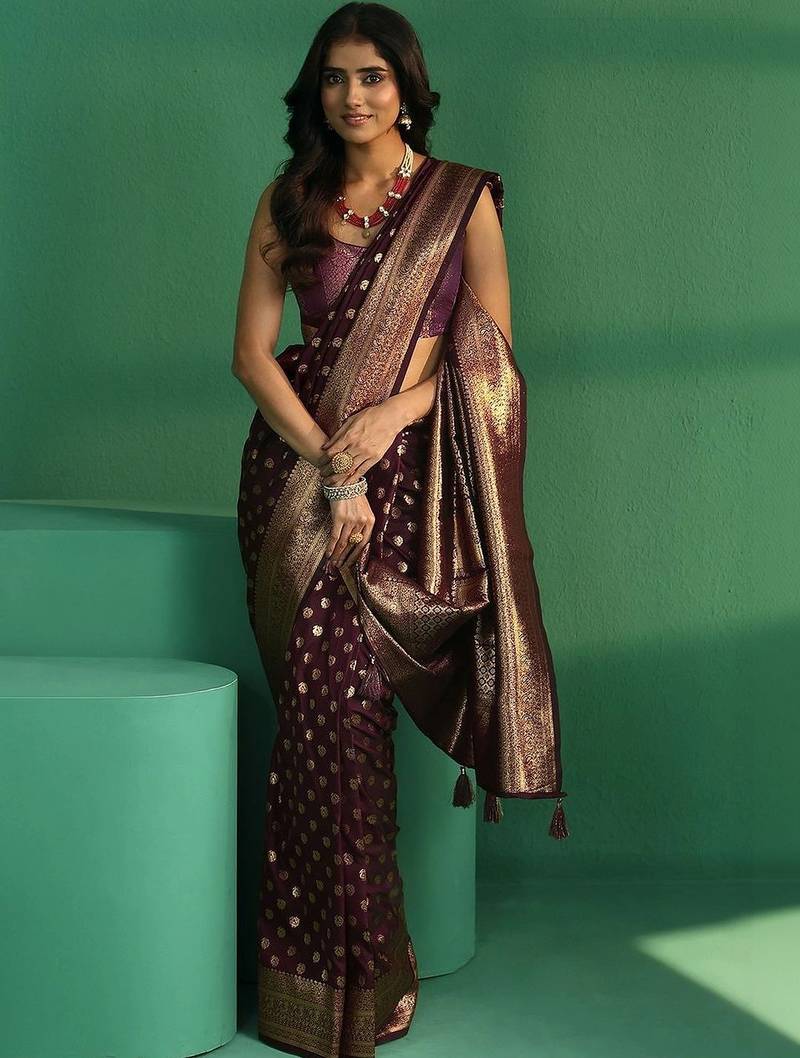 maroon ethnic motifs zari silk blend saree