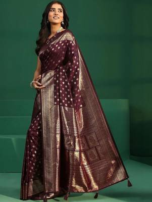 maroon ethnic motifs zari silk blend saree 4