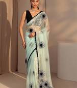 sea green floral embroidered tissue saree