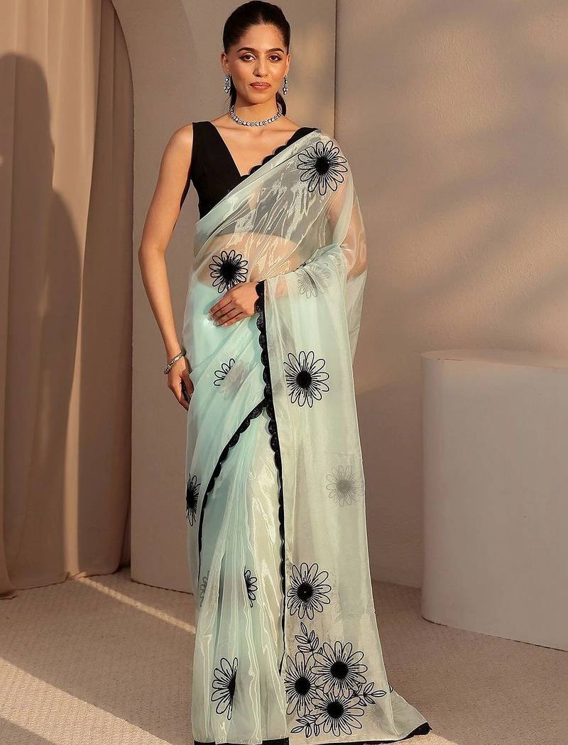 sea green floral embroidered tissue saree