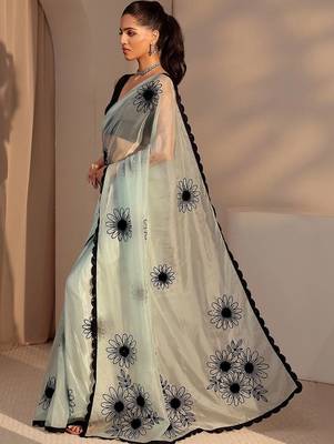 sea green floral embroidered tissue saree 4