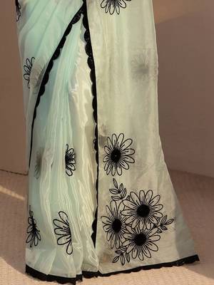 sea green floral embroidered tissue saree 5
