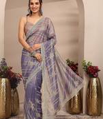 purple embroidered organza saree with unstitched blouse piece
