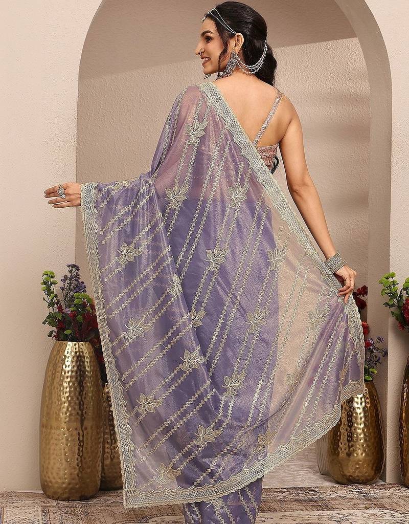 purple embroidered organza saree with unstitched blouse piece