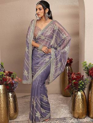 purple embroidered organza saree with unstitched blouse piece 4