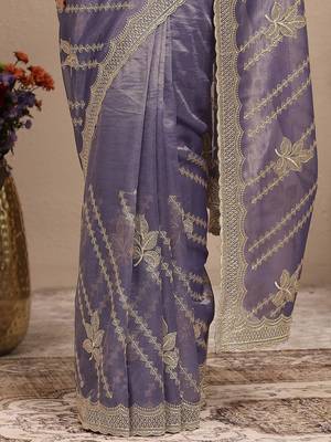 purple embroidered organza saree with unstitched blouse piece 5