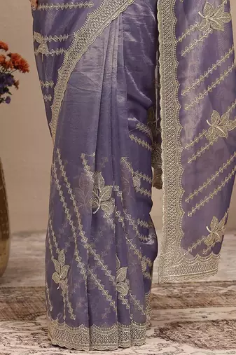 purple embroidered organza saree with unstitched blouse piece
