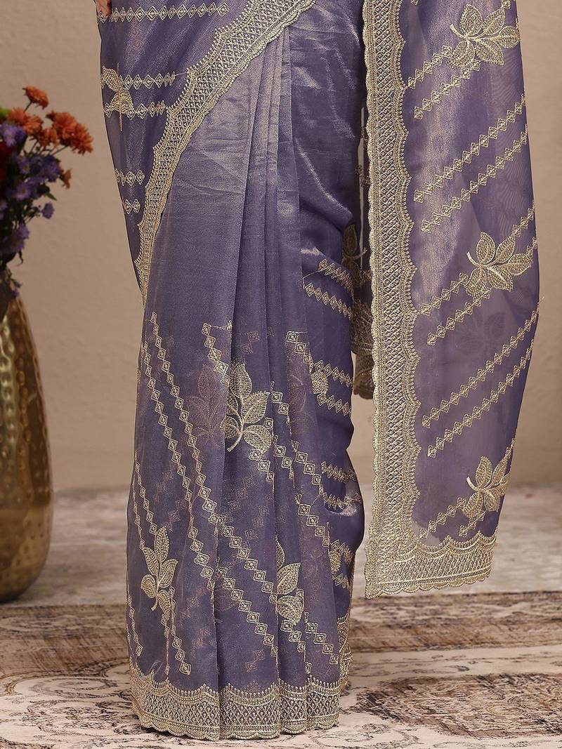 purple embroidered organza saree with unstitched blouse piece