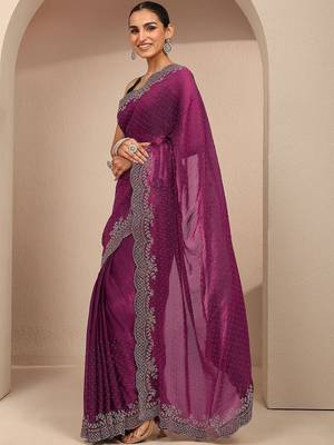 purple embellished saree with unstitched blouse piece 1