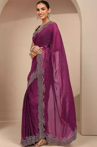 purple embellished saree with unstitched blouse piece
