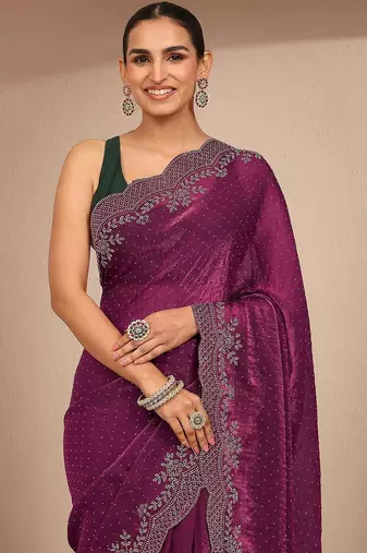 purple embellished saree with unstitched blouse piece