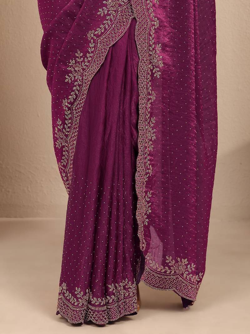 purple embellished saree with unstitched blouse piece