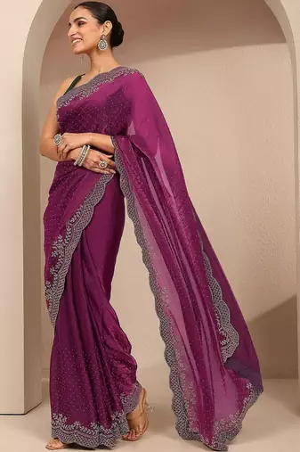 purple embellished saree with unstitched blouse piece