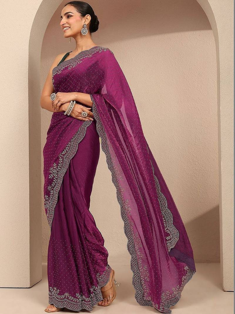 purple embellished saree with unstitched blouse piece