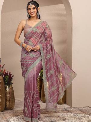 violet embroidered organza saree with unstitched blouse piece 1