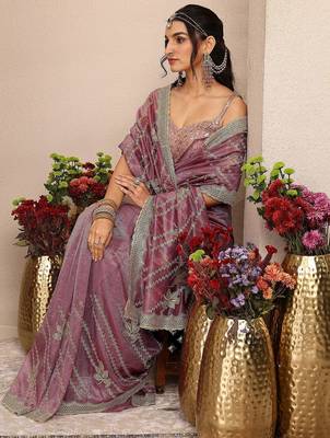 violet embroidered organza saree with unstitched blouse piece 2