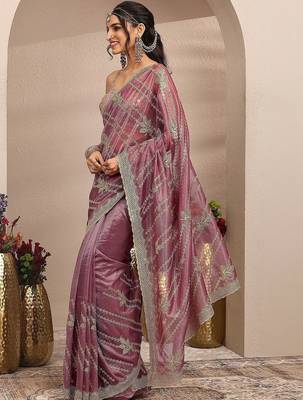 violet embroidered organza saree with unstitched blouse piece 3