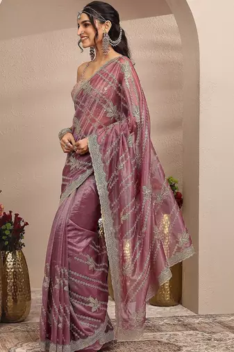 violet embroidered organza saree with unstitched blouse piece
