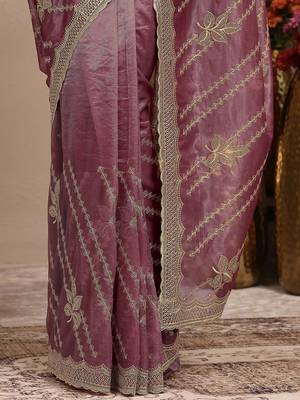 violet embroidered organza saree with unstitched blouse piece 5
