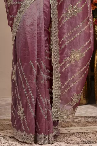 violet embroidered organza saree with unstitched blouse piece
