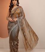 brown embroidered organza saree with unstitched blouse piece