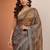brown embroidered organza saree with unstitched blouse piece