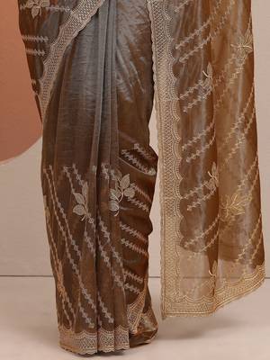 brown embroidered organza saree with unstitched blouse piece 5