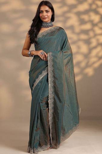 teal embellished saree with unstitched blouse piece