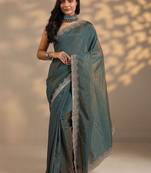 teal embellished saree with unstitched blouse piece