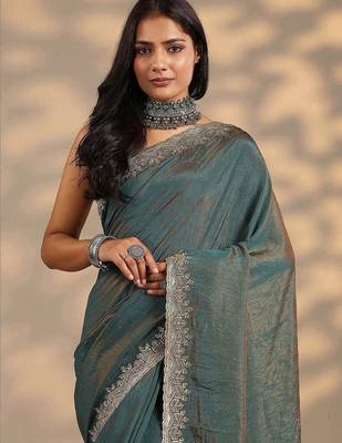teal embellished saree with unstitched blouse piece 2