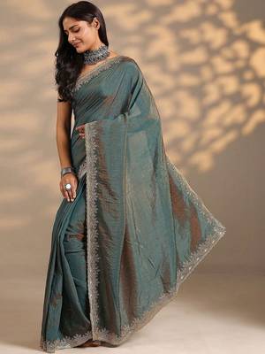 teal embellished saree with unstitched blouse piece 3