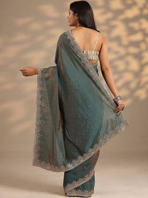 teal embellished saree with unstitched blouse piece 4