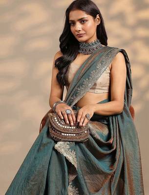 teal embellished saree with unstitched blouse piece 5