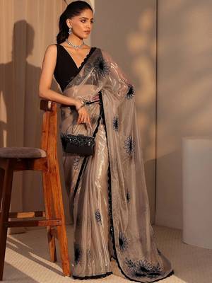 beige floral embroidered tissue saree 1