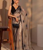 beige floral embroidered tissue saree