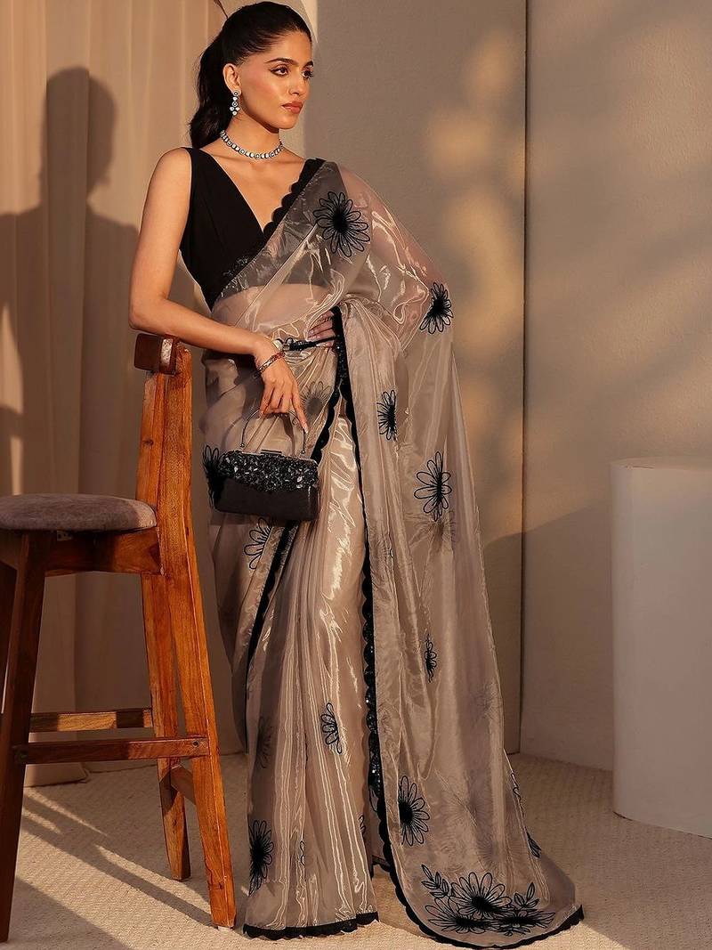 beige floral embroidered tissue saree