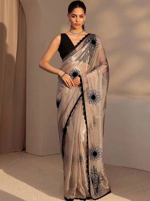 beige floral embroidered tissue saree 2
