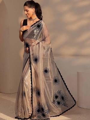 beige floral embroidered tissue saree 4