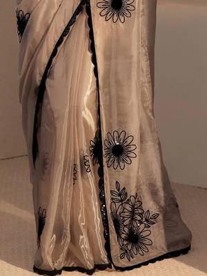 beige floral embroidered tissue saree 5