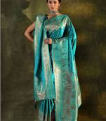 turquoise blue embellished silk saree with unstitched blouse and dupatta