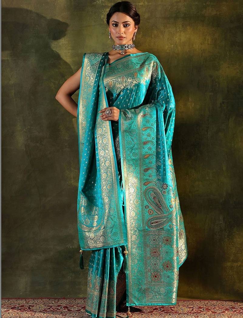 turquoise blue embellished silk saree with unstitched blouse and dupatta