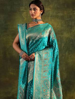 turquoise blue embellished silk saree with unstitched blouse and dupatta 2
